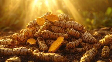 Naklejka premium Fresh turmeric roots piled on ground at sunset.