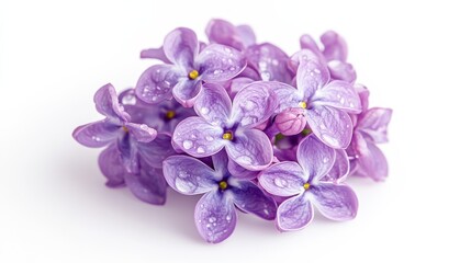 Obraz premium A detailed photograph of a purple lilac blossom with water droplets, isolated white background, minimalistic art style