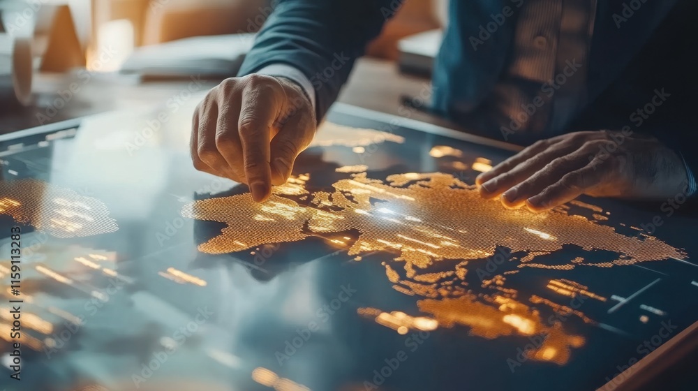 Poster person interacting with digital map interface in modern workspace