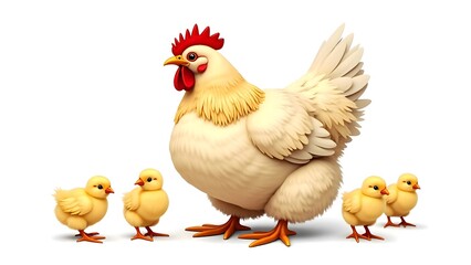 Cream Hen Mother Protecting Three Yellow Chicks White Background