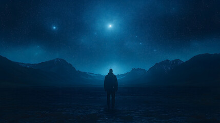 Fototapeta premium Man Under Starry Night Sky in Mountain Landscape