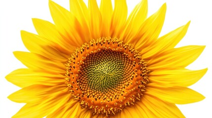 Obraz premium A detailed shot of a blooming sunflower with its golden petals and dark brown center, isolated white background, minimalistic art style