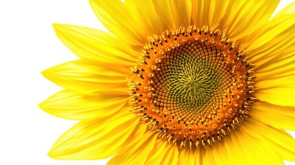 Obraz premium A detailed shot of a blooming sunflower with its golden petals and dark brown center, isolated white background, minimalistic art style