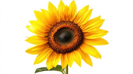 Obraz premium A detailed shot of a blooming sunflower with its golden petals and dark brown center, isolated white background, minimalistic art style