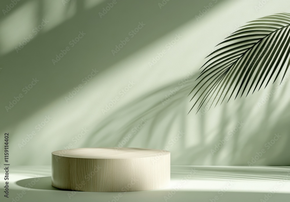 Poster minimalist display stand on a soft green surface with shadows and a tropical palm leaf, ideal for pr