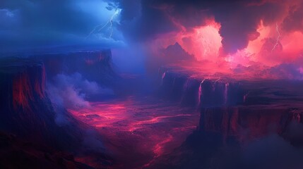 Fototapeta premium Dramatic Landscape with Lightning and Fiery Lava in a Distant World