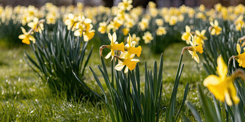 Fototapeta premium Spring Daffodils Field Yellow Flowers Meadow Nature Background