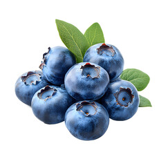 Juicy fresh blueberries cluster with green leaves png isolated on transparent background