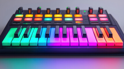 Fototapeta premium Colorful synthesizer keyboard with vibrant LED lights