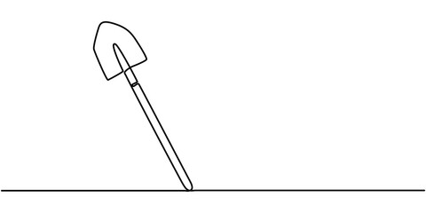Shovel, dig, construction, cleaning one line art. Continuous line drawing of repair, professional, hand, people, concept, support, maintenance, Line Art Spade Tool Illustration. Scoop Sketch. 