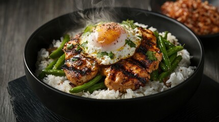 Fototapeta premium Steaming hot bowl of grilled chicken, rice, green beans, and a fried egg.
