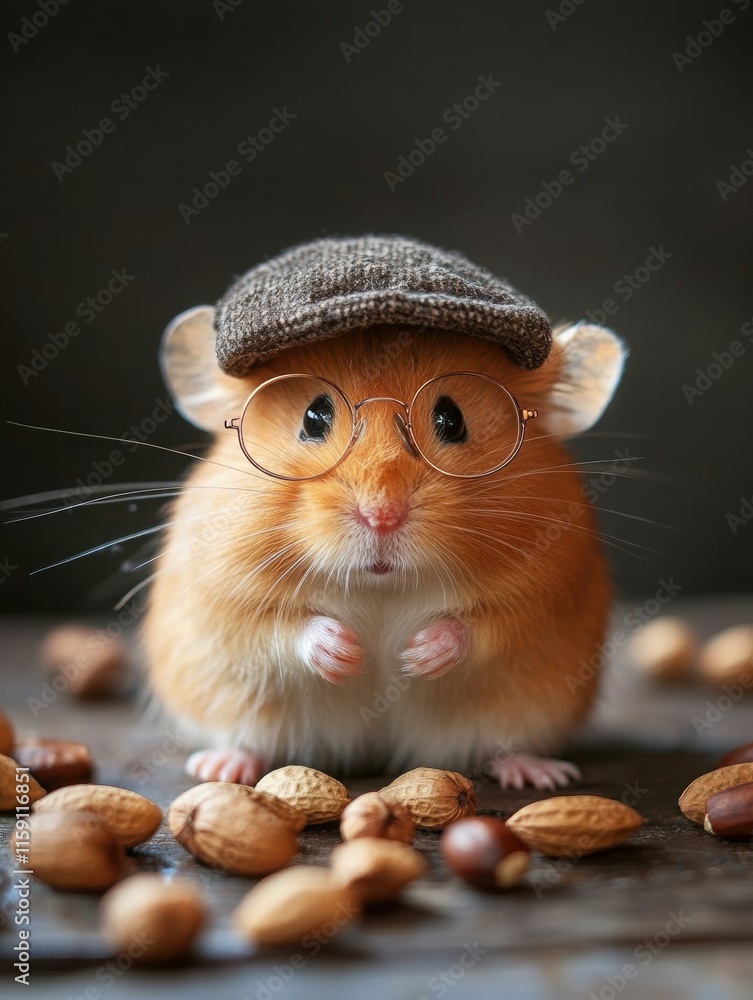 Poster cute hamster with round glasses and tiny cap enjoying a snack time surrounded by nuts on a wooden su
