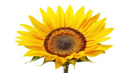 A detailed shot of a golden sunflower with its bright petals and dark center, isolated white background, minimalistic art style