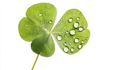 A detailed shot of a green clover leaf with water droplets, isolated white background, minimalistic art style