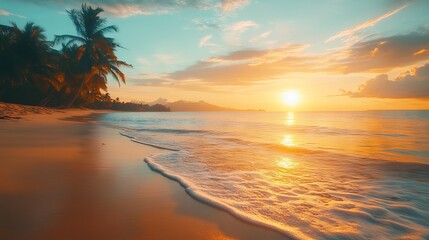 Stunning vibrant sunset over a serene tropical beach paradise with golden sand, calm waves, and lush palm trees in a tranquil exotic setting