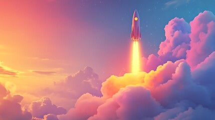 Fototapeta premium Rocket Ascending Through Colorful Sunset Clouds