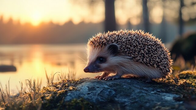 Sunset hedgehog on lakeside rock.
