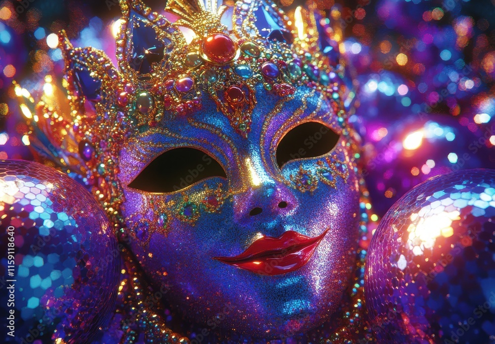 Poster ornate venetian mask glittering with colorful gems and sparkling sequins reflecting light in a dream