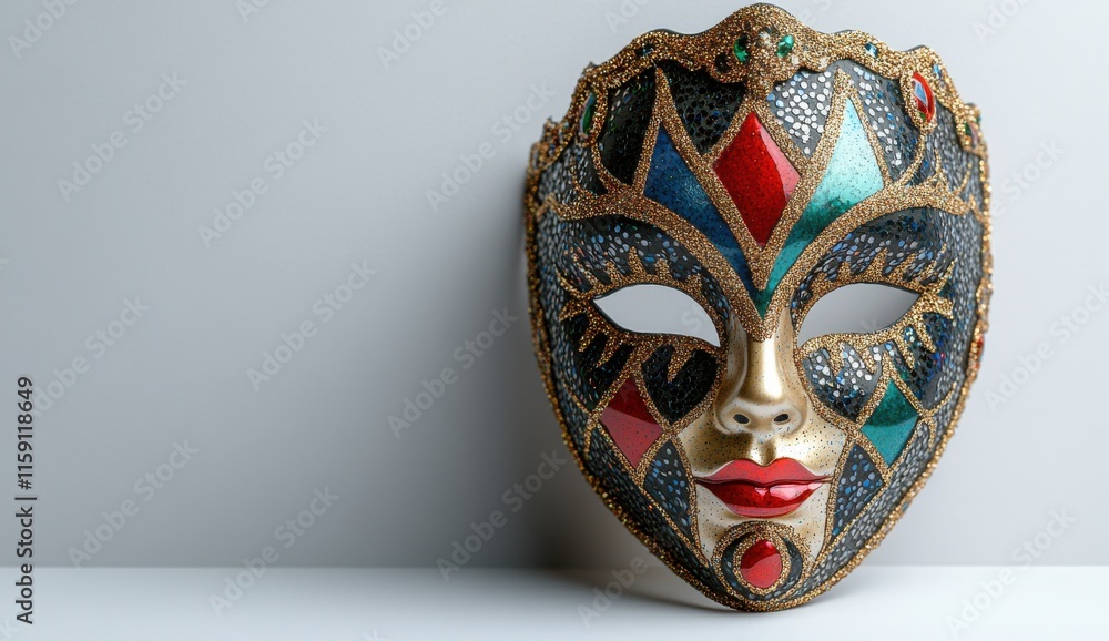 Poster ornate venetian mask with colorful designs and intricate beading set against a minimalistic backgrou