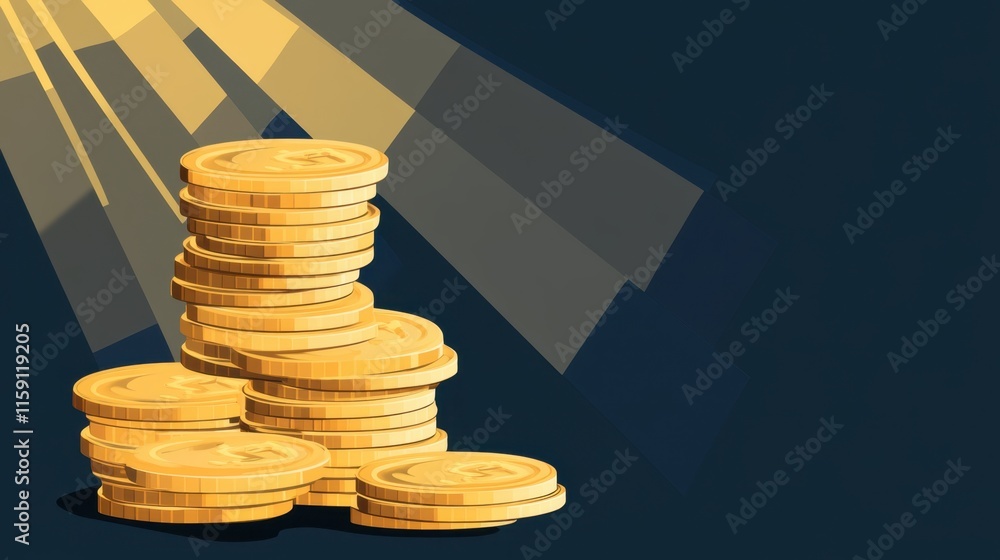 Poster golden coins stacked with rays of light on dark background