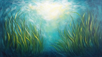 Fototapeta premium Underwater Landscape with Green Seaweed and Soft Light Surrounding