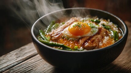 Steaming bowl of rice, grilled fish, egg, and vegetables.