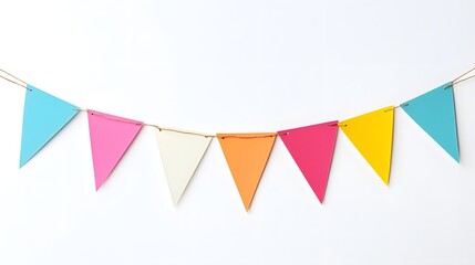 Colorful Triangular Bunting Flags Hanging Against White Background