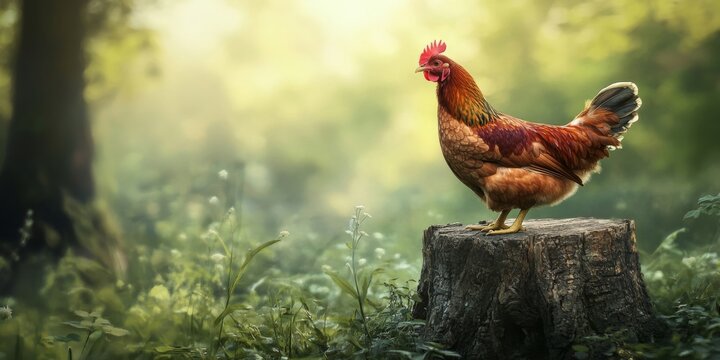 Rooster standing on tree stump in sunlit forest glade - Powered by Adobe