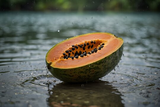 pappaya slices with seeds  displayed in water.