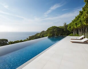 Fototapeta premium Infinity Pool Overlooking Ocean Lush Greenery