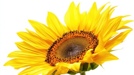 Naklejka premium A detailed shot of a yellow sunflower with its large, golden petals and dark center, isolated white background