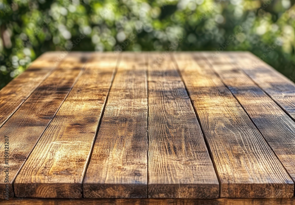 Poster rustic wooden table surface with detailed grain patterns and natural light on a blurred green backgr