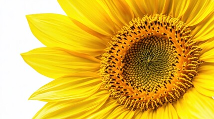 Fototapeta premium A detailed shot of a yellow sunflower with its large, sunny petals and dark center, isolated white background