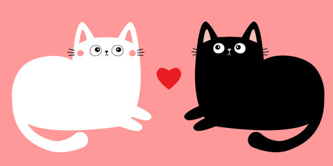 Obraz premium Black White laying cat boy girl. Cute sad face head. Kitten love couple. Red heart set. Happy Valentines Day. Cartoon kitty character. Kawaii animal. Love card. Flat design. Pink background. Vector