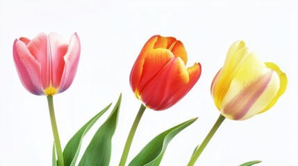 Obraz premium A detailed shot of blooming tulip flowers with their vivid colors and gentle curves, isolated white background, minimalist art style