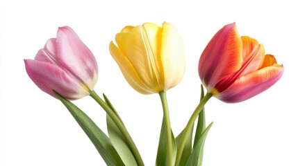 A detailed shot of blooming tulip flowers with their vivid colors and gentle curves, isolated white background, minimalist art style