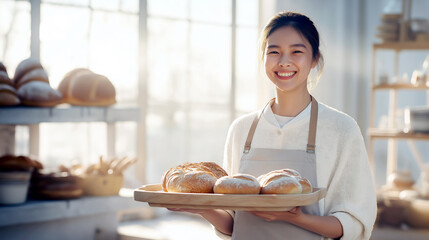  A joyful Asian woman smiles as she holds a wooden tray of fresh bread in a charming bakery,