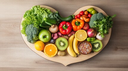 A wooden stomach shape filled with various fruits and vegetables representing healthy food choices