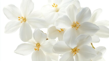 Obraz premium A detailed shot of delicate jasmine blossoms with their ivory-white petals and tiny yellow centers, isolated white background, minimalistic art style