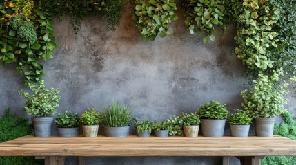 Lush Green Plants Displayed on Table Against Textured Wall Background