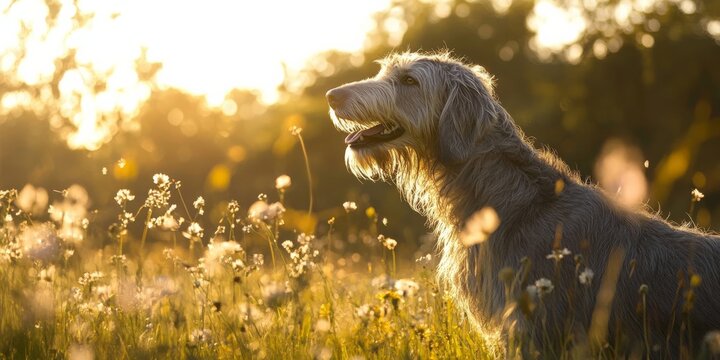 Happy dog in sunlit field of wildflowers during sunrise - Powered by Adobe