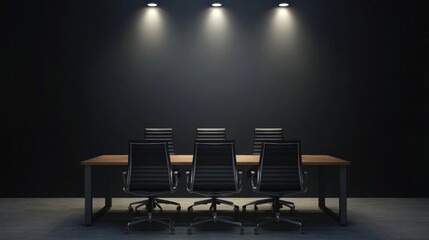Modern Conference Room with Empty Chairs and Dark Wall Design