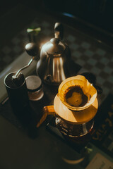 Alternative coffee brewing method, filter coffee, using pour over dripper v60 and paper filter.	