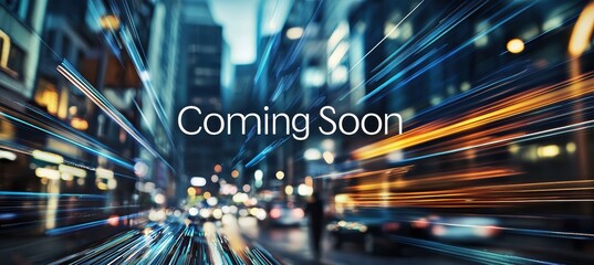 Modern Coming Soon Banner with Glass Effect and Blurred Cityscape Background for Marketing