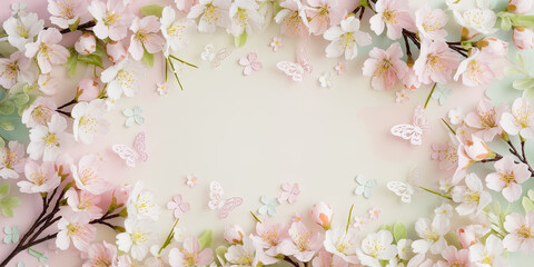 Spring Blossom Frame with Butterflies Pastel Floral Background