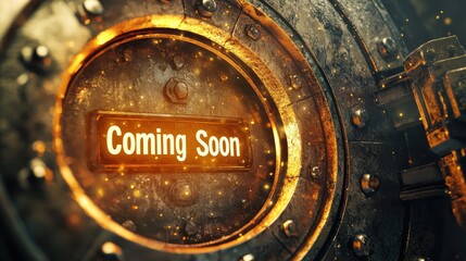 Mysterious Vault Door Ajar with Golden Light and 'Coming Soon' Announcement - Intrigue and Anticipation