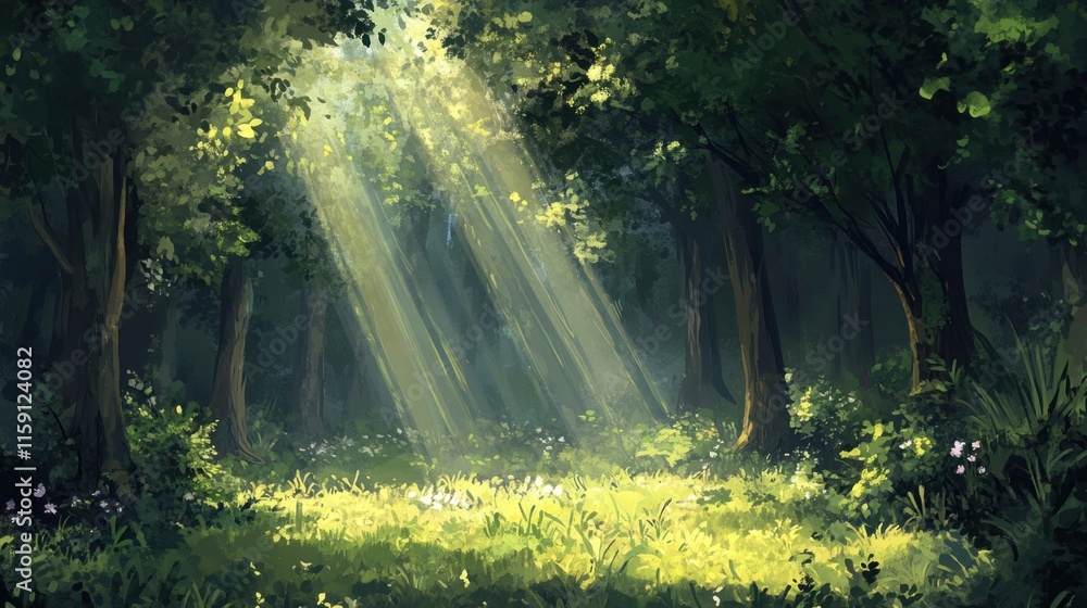 Poster sunlight filtering through trees in tranquil dense forest scene