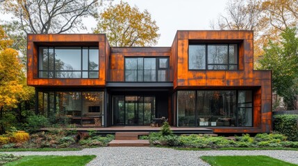 Modern rust-colored house with large windows and deck. (1)