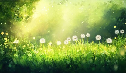 Obraz premium Serene Landscape of Dandelions in a Sunlit Meadow with Soft Green Grass and Gentle Bokeh Effect Creating a Peaceful, Dreamy Atmosphere