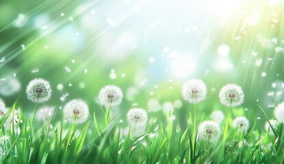 Fototapeta premium Serene Meadow with Dandelions Illuminated by Sunlight, Capturing the Essence of Nature's Beauty in a Lush Green Setting During a Breezy Day